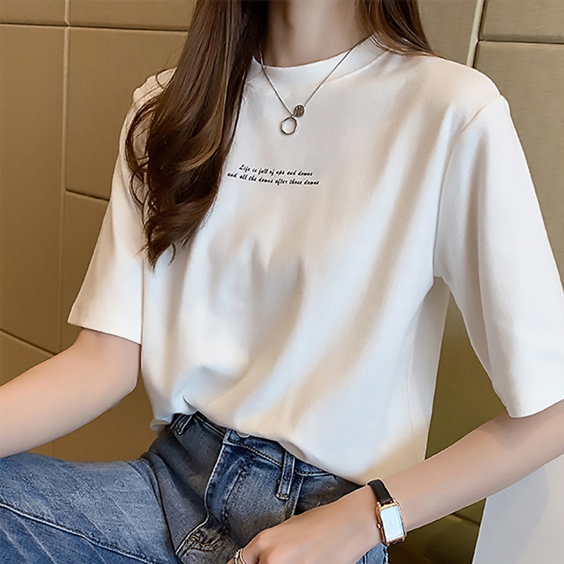 Women's Short-Sleeved T-shirt 2023 Summer New Korean Style Loose Letter Crew Neck Top Half Sleeve T-shirt Undershirt Women's Fashion