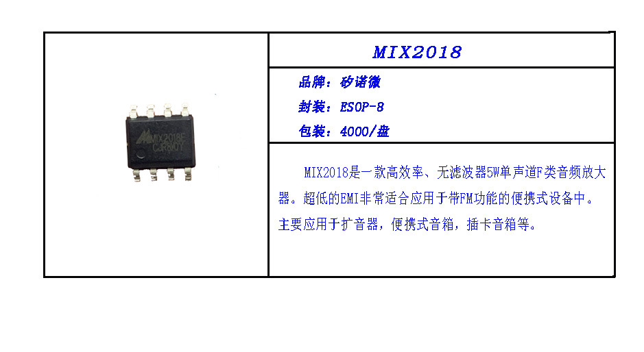 mix2018e/esop8 5w单通道f类音频功率放大器