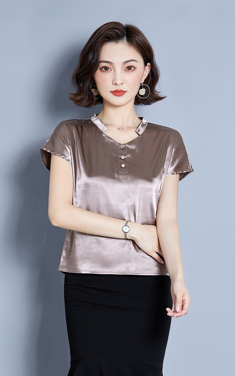 真丝上衣女短袖桑蚕丝t恤半袖女装夏装2020新款女式缎面洋气小衫