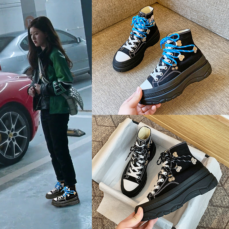 我喜欢你赵露思同款高帮帆布鞋女厚底秋冬新款帆布鞋厚底松糕鞋潮