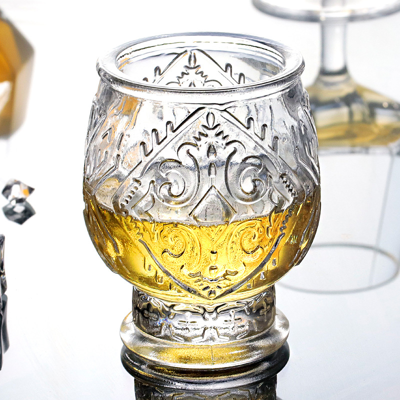创意酒杯威士忌复古玻璃杯定制酒吧浮雕花纹厚底古典杯牛奶早餐杯