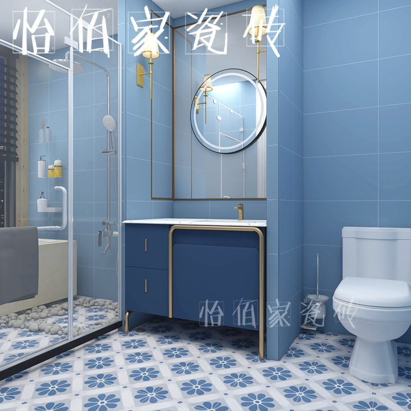厂家直销北欧蓝色小花砖300×300卫生间餐厅厨房阳台防滑地砖墙砖