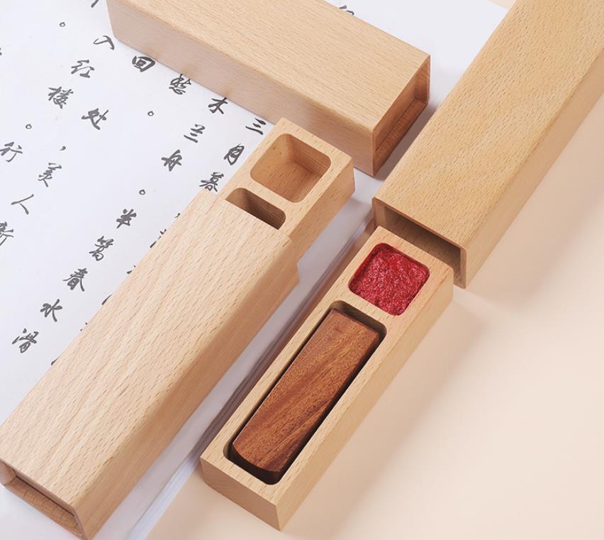 印章木盒工厂批发榉木抽拉盖木质印章盒单个便携印泥盒包装盒定制