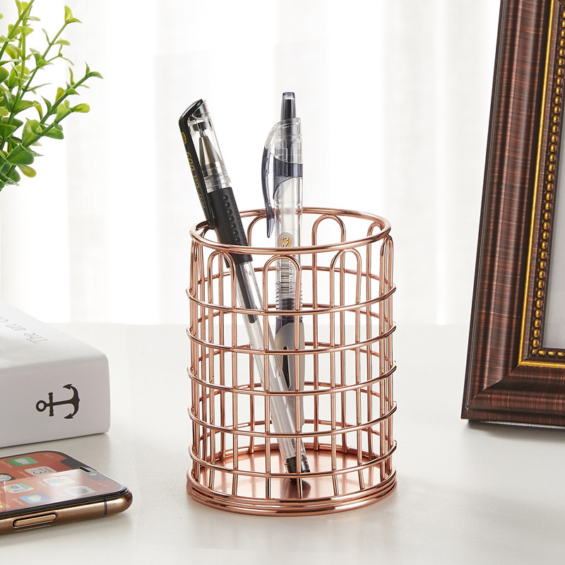 Nordic Style Metal Iron Art Pen Holder Office Storage Organizing Basket Stationery Makeup Brush Storage Bucket Multifunctional Pen Case