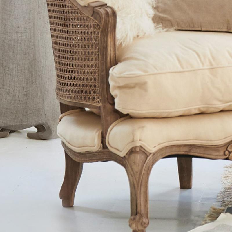 法式田园实木雕花编藤单人沙发 藤编做旧复古民宿古典可拆洗沙发