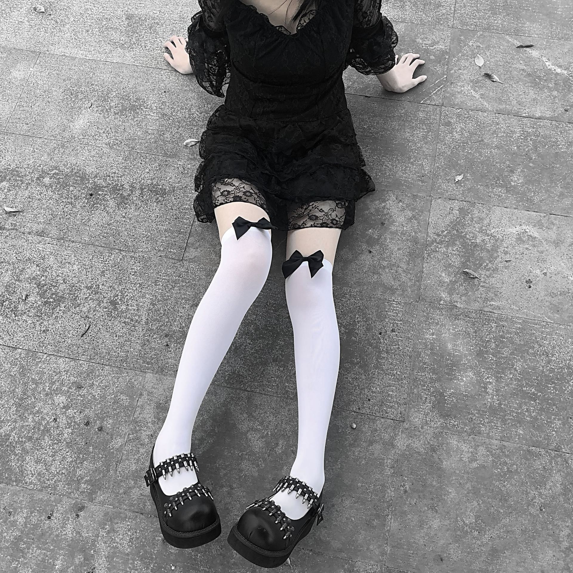 日系情趣制服百搭显瘦黑色蝴蝶结性感过膝高筒天鹅绒jk小腿袜子女