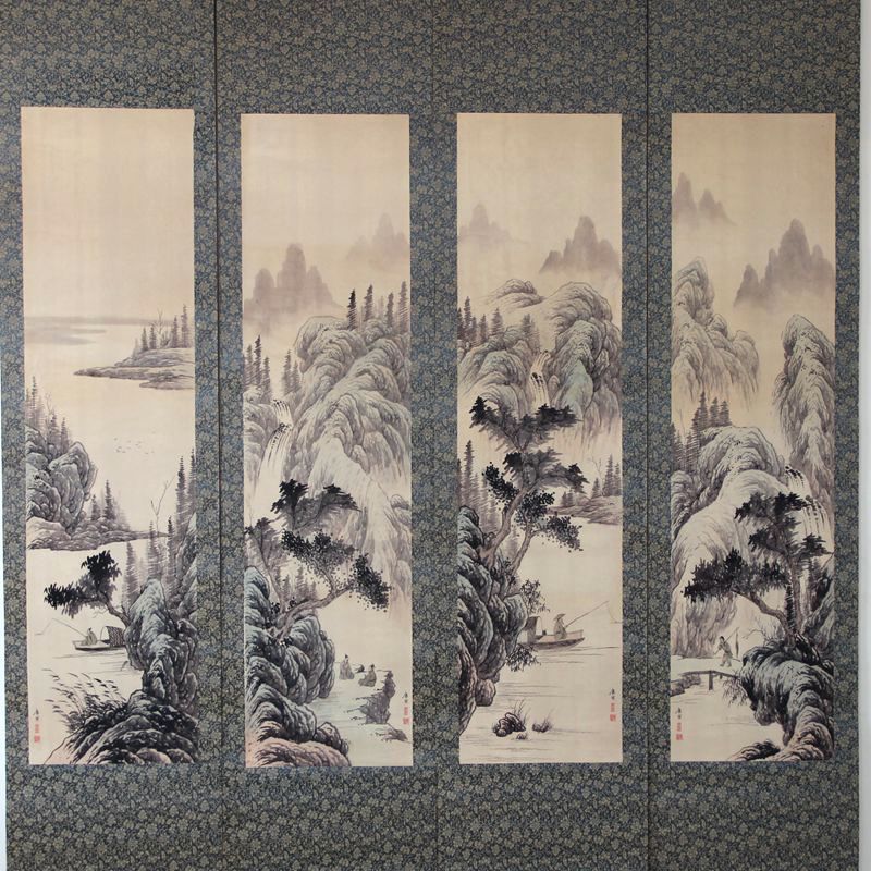 杂件中堂画四条屏字画国画山水画唐寅唐伯虎樵人晚归挂画 已装裱