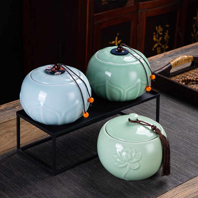 青瓷茶叶罐陶瓷密封罐子大号家用散茶储存包装礼品盒logo定制批发
