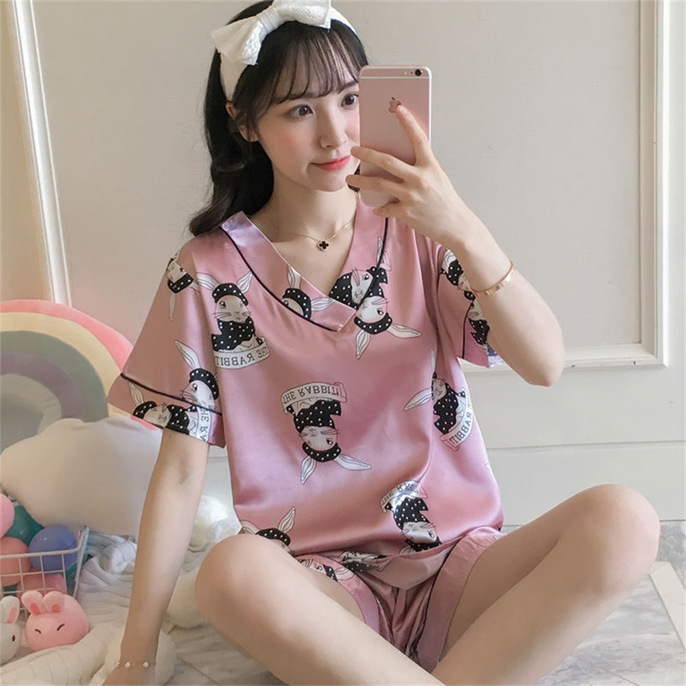 Tiktok Cross-Border Hot Summer Short-Sleeved Ice Silk Pajamas for Women Loose and Comfortable Wechat Quick Hand Internet Celebrity Homewear for Women