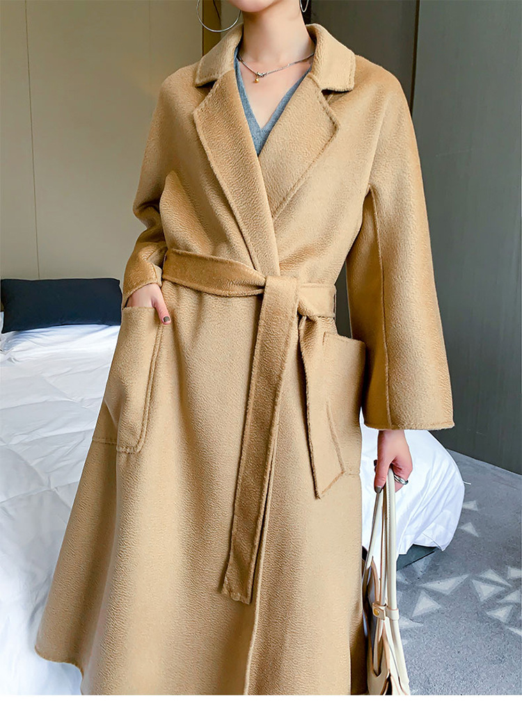 新款水波纹双面羊绒大衣2020秋冬女中长款宽松韩版系带羊毛外套