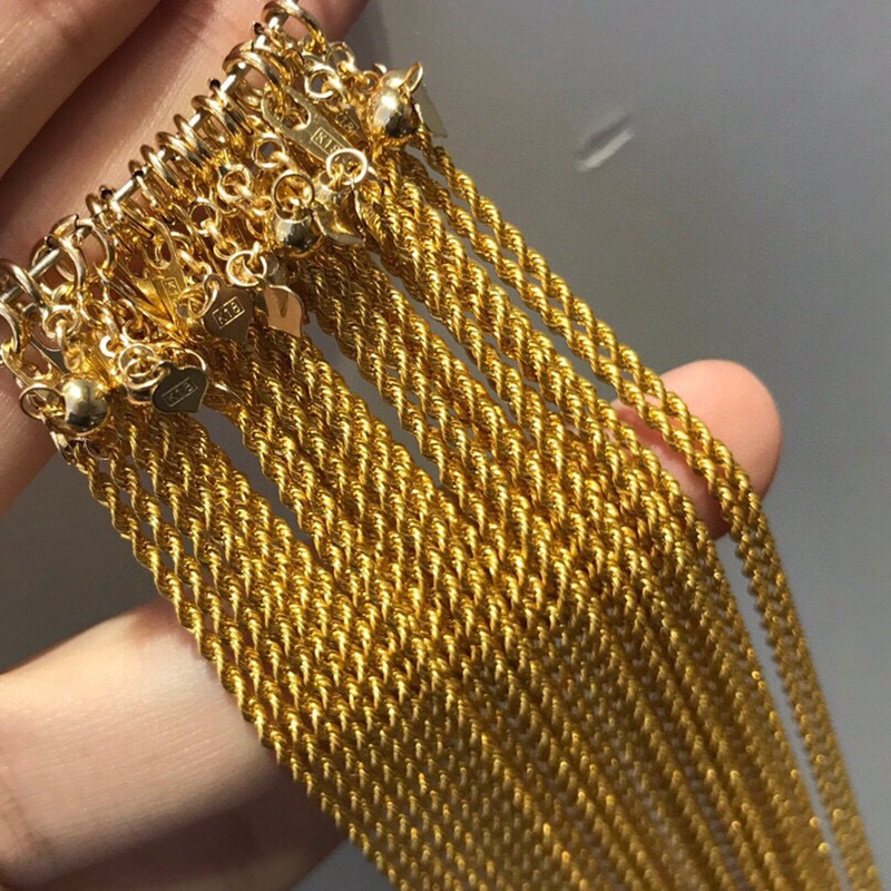 18k金麻绳链项链抽拉调节毛衣链长扭绳链au750黄金项链女简约时尚