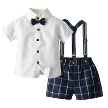 日式童装 夏季儿童白衬衫短袖格子背带短裤蝴蝶结两件套baby 批发