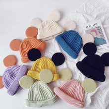 儿童帽子韩国卡通米奇大耳朵毛线翻边帽冬季新款宝宝可爱针织帽
