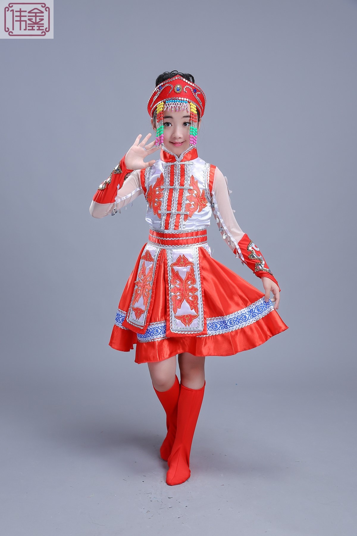 儿童蒙古族表演服民族舞蹈演出服少儿舞台服装女童内蒙古袍六一