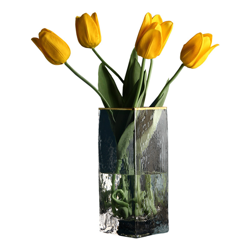 Nordic Light Luxury Glass Vase Hydroponic Transparent Golden Edge Flower Holder Home Soft Decoration Living Room Dining Table Art Flower Shop Vase