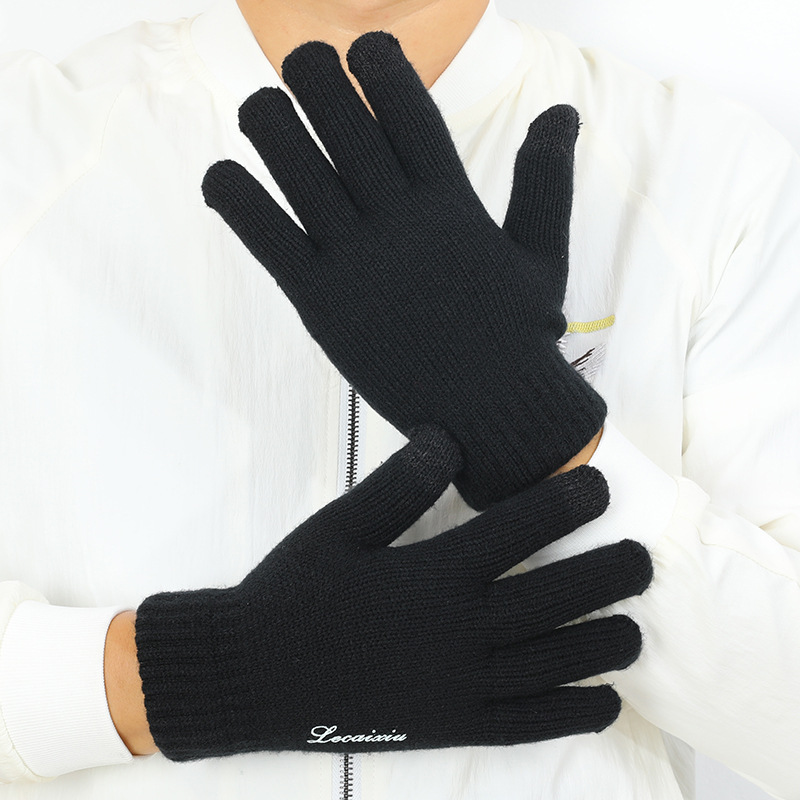 冬季双层加厚黑色男士手套加绒防寒毛线针织保暖防滑触屏骑车手套