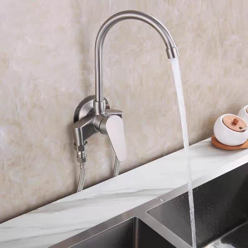 广东产地304不锈钢明装厨房冷热水龙头明管挂墙式菜盆混合阀