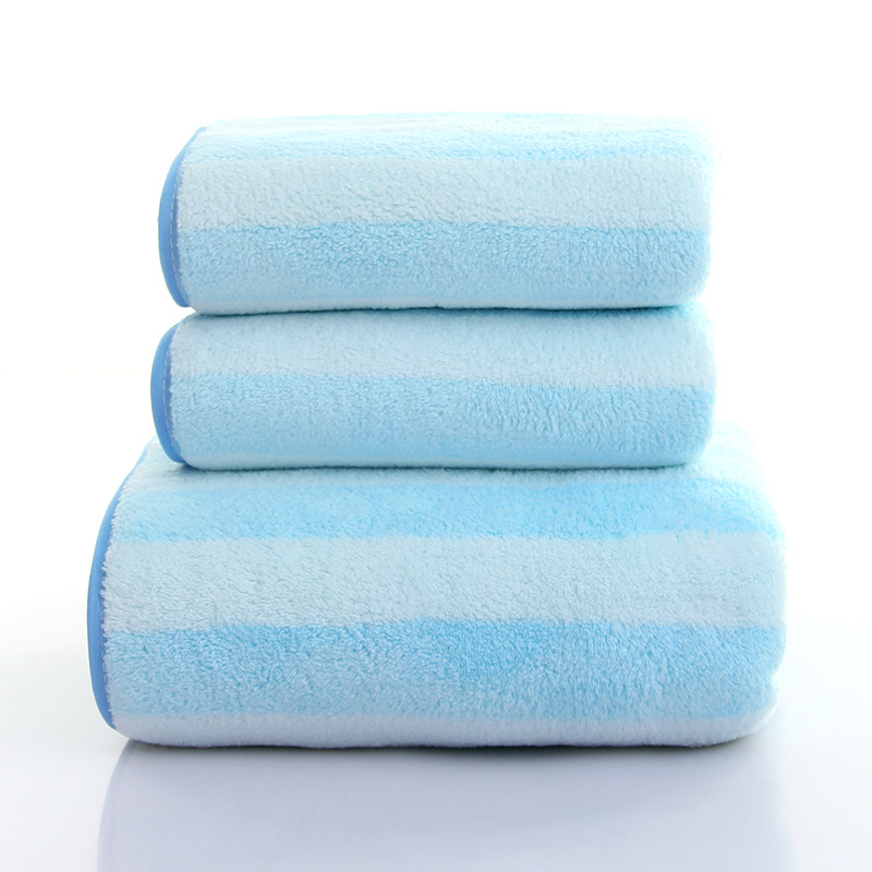 毛巾阳离子宽条珊瑚绒浴巾柔软不易掉毛家居日用礼品洗脸毛巾