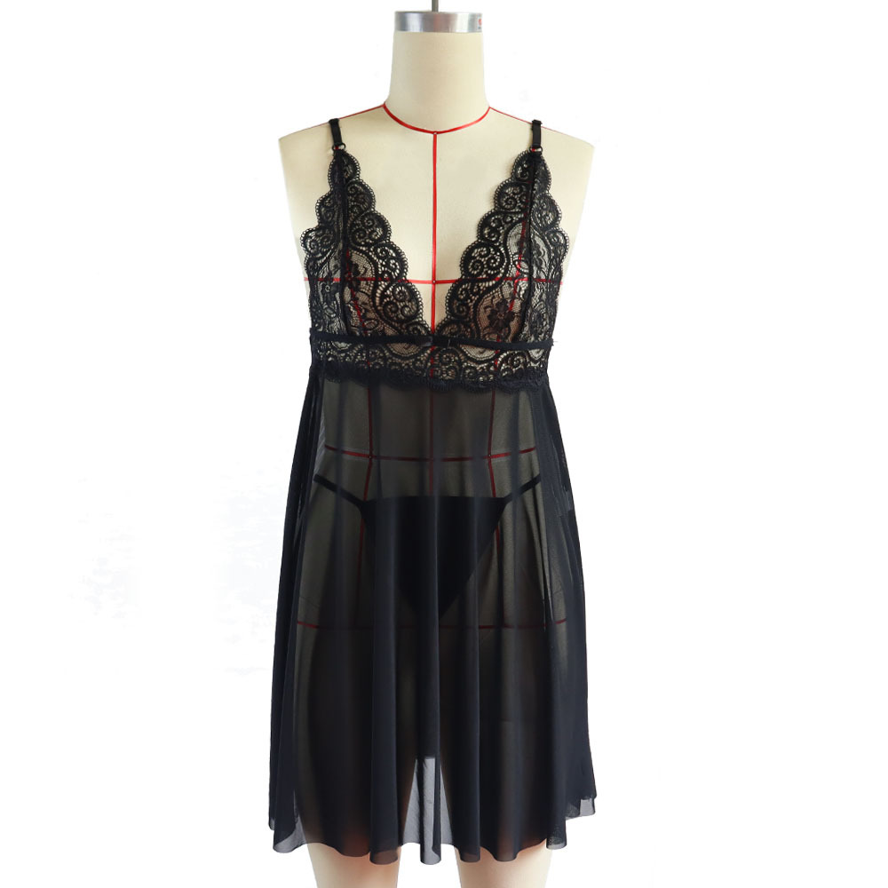 新款欧美情趣内衣 黑色女式诱惑深v吊带睡裙蕾丝网纱透明连衣裙女