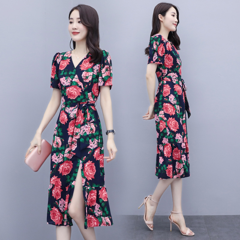 大花连衣裙夏中长款