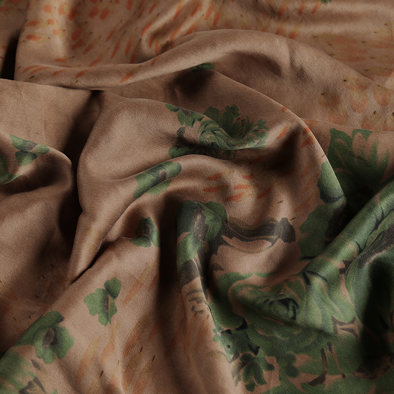 古今丝绸新品正宗传统薯莨印染牡丹重磅真丝香云纱面料丝绸旗袍布