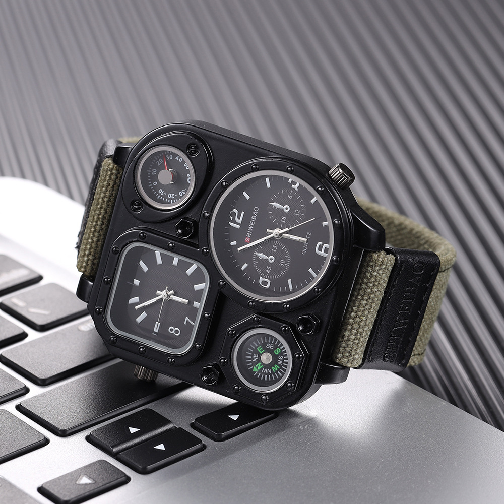 跨境外贸双机芯时区军事手表户外石英表帆布带指南针大表盘男手表