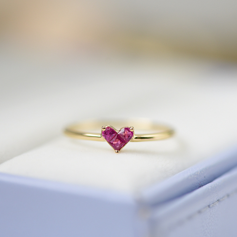 心形红宝石戒指女 18k黄金爱心 天然鸽血红女戒无边镶嵌日系简约