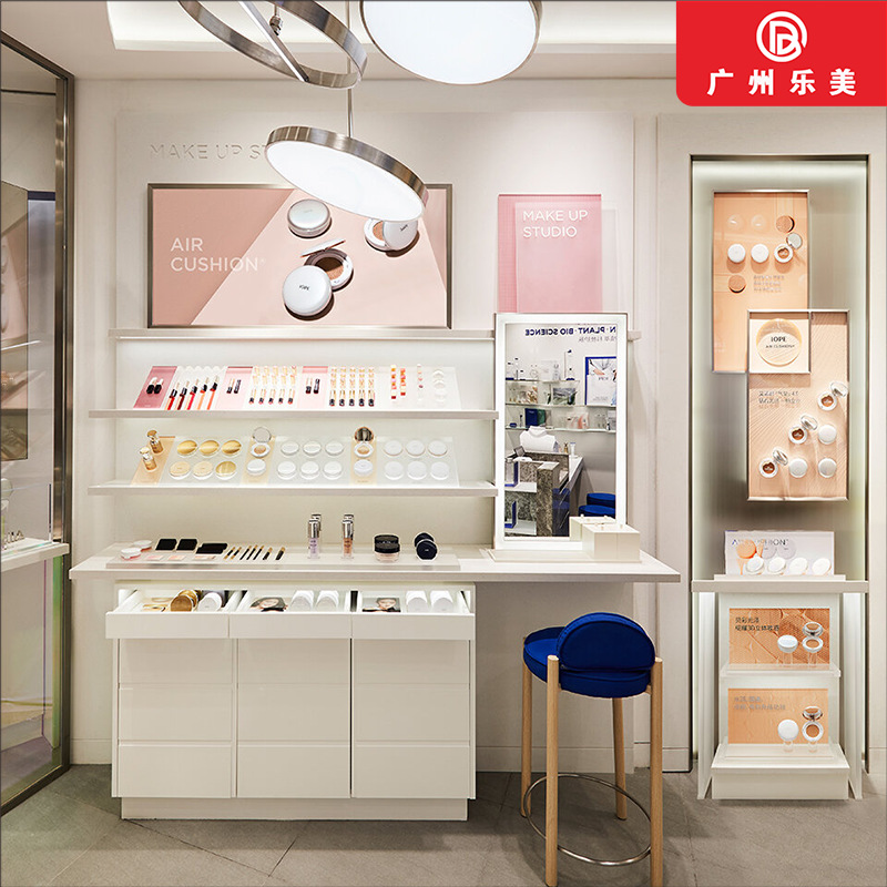 护肤品彩妆展示柜带灯木烤漆货架化妆品收银台体验柜台厂家直供
