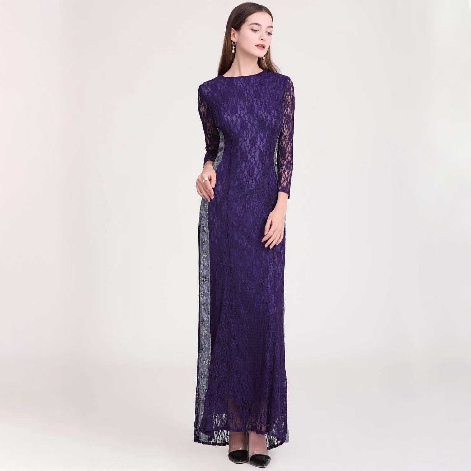 嘉禾服饰新款蕾丝修身长袖连衣裙气质礼服裙修身晚会礼服