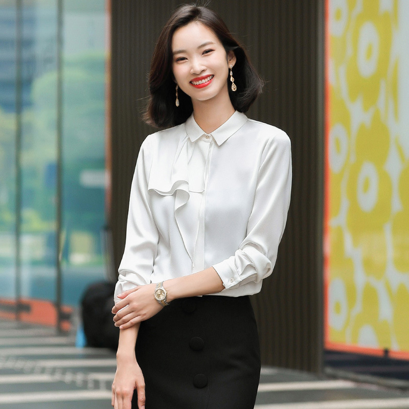 女士飘带长袖衬衫时尚洋气高端白色白色衬衣女职业气质工作服套装