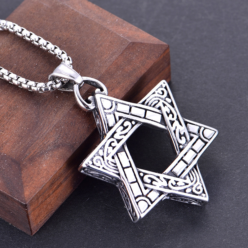 直销不锈钢六芒星项链吊坠男士时尚六芒星吊坠钛钢男士项链饰品