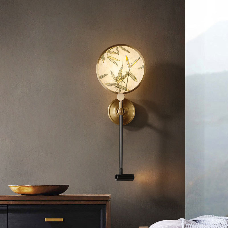 奥印新中式珐琅彩创意卧室客厅餐厅射灯设计师中国风竹叶全铜壁灯