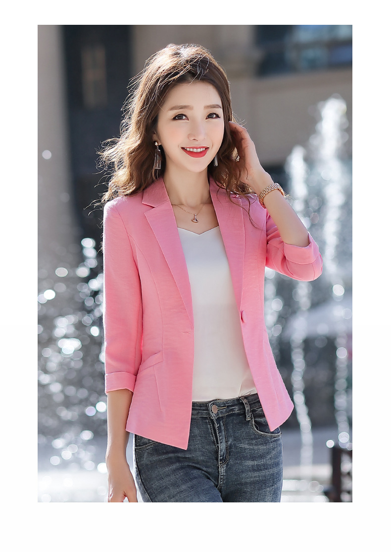 粉色小西服春夏季新品七分袖时尚修身收腰白色气质短款女西装外套