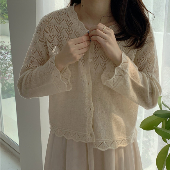 夏季温柔风镂空提花小开衫外套毛针织衫女罩衫海马毛森系小个子