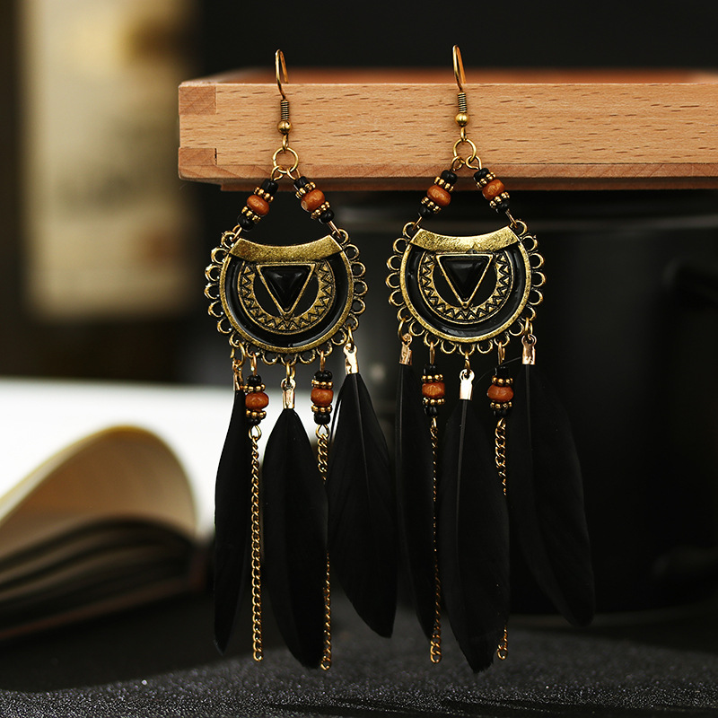 Wish Supply Semicircle Alloy Feather Earrings European and American Popular Long Bead Earrings with Turquoise Ethnic Style Jewelry