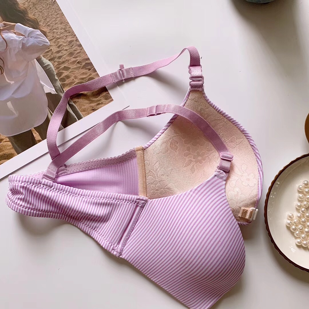 日本少女轻薄衣条纹前扣文胸罩一片式舒适无痕无钢圈聚拢内衣女