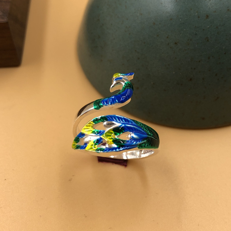 s999纯足银饰戒指女友景泰蓝孔雀指环复古老银匠气质妈妈老婆礼物