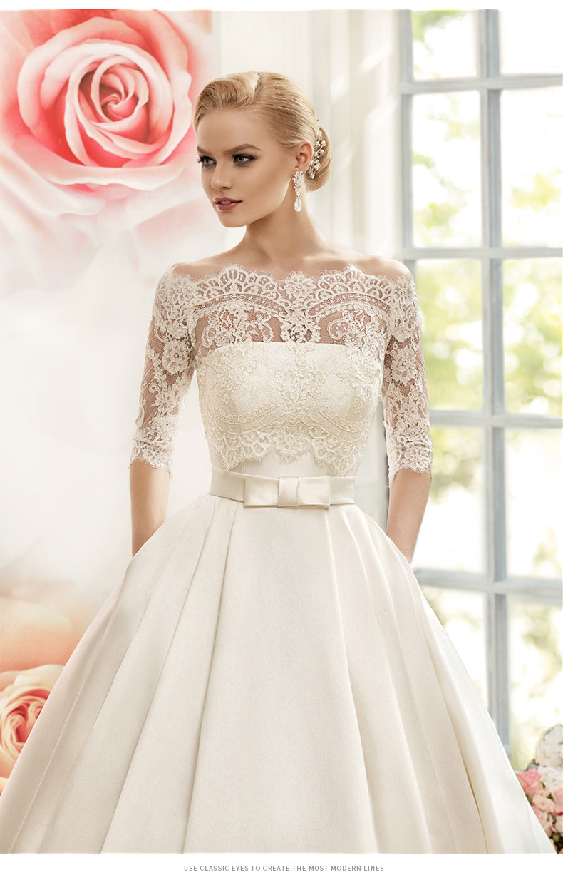 绸缎婚纱礼服 一字肩中袖蕾丝婚纱蓬蓬裙齐地婚纱韩式新娘婚纱