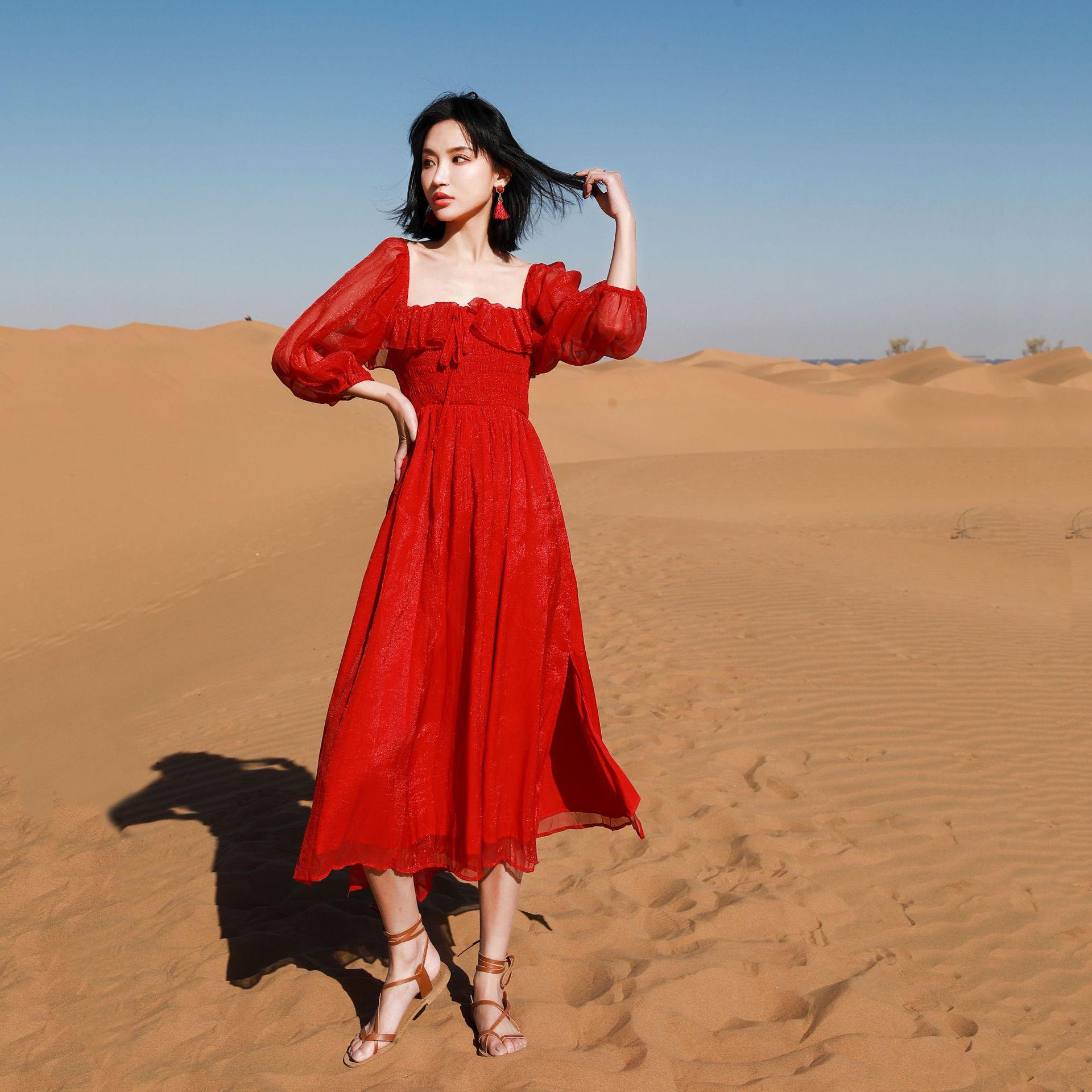 沙滩裙海边度假青海湖茶卡盐湖红色连衣裙三亚巴厘岛沙漠长裙f625