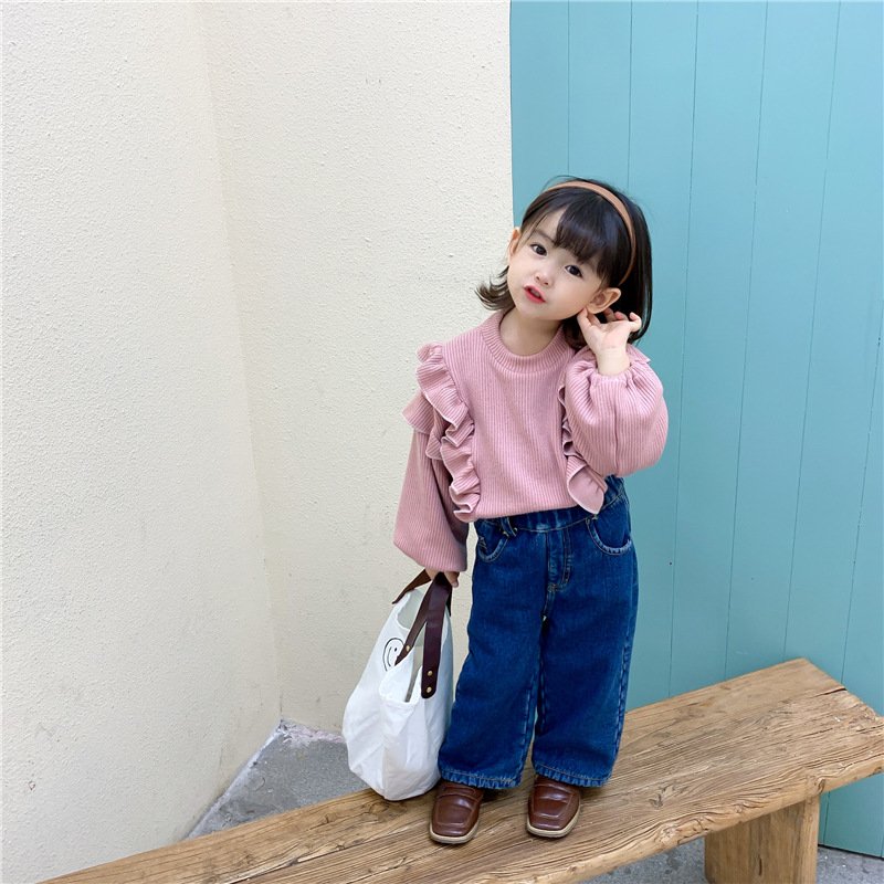 儿童冬季新款毛衣 女小童中童加绒加厚荷叶边上衣套头宽松毛线衣