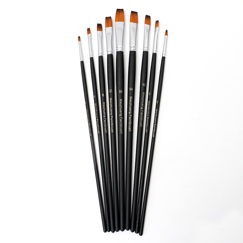 精品长杆黑色9支装尼龙水粉笔水彩绘画笔油画笔套装丙烯颜料排笔