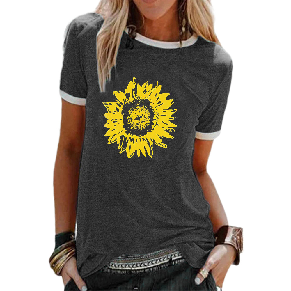 2020亚马逊跨境热卖爆款女上衣 向日葵图案印花圆领短袖t恤