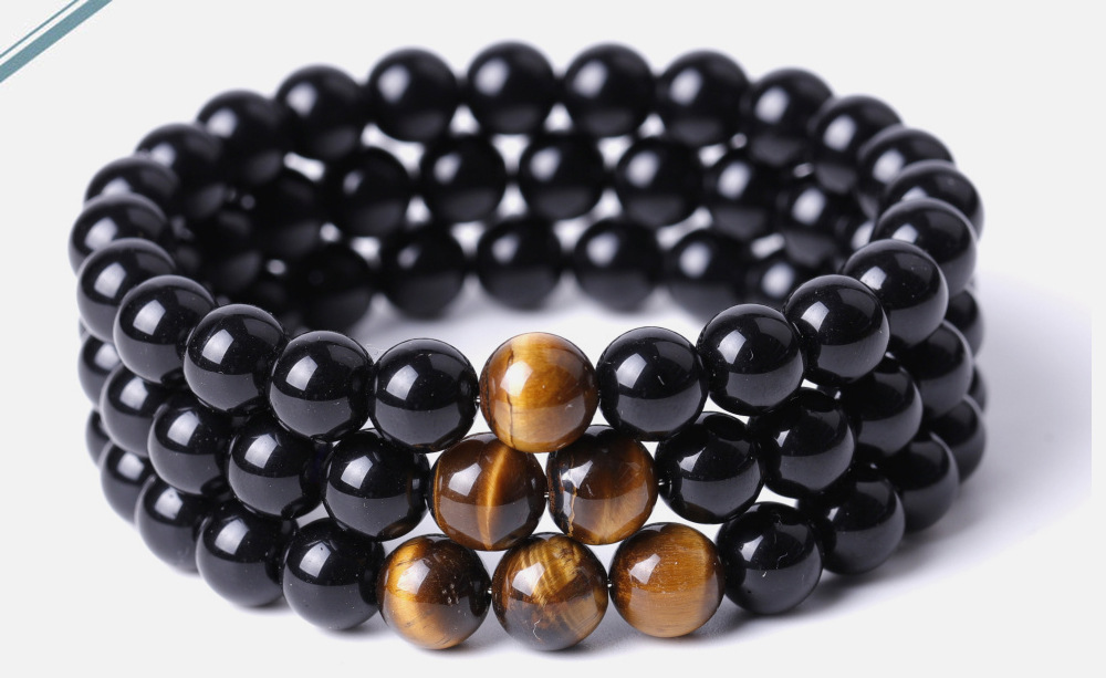 跨境速卖通虎眼石亮光黑石串珠手链男士霸气黑色经典距离情侣手串