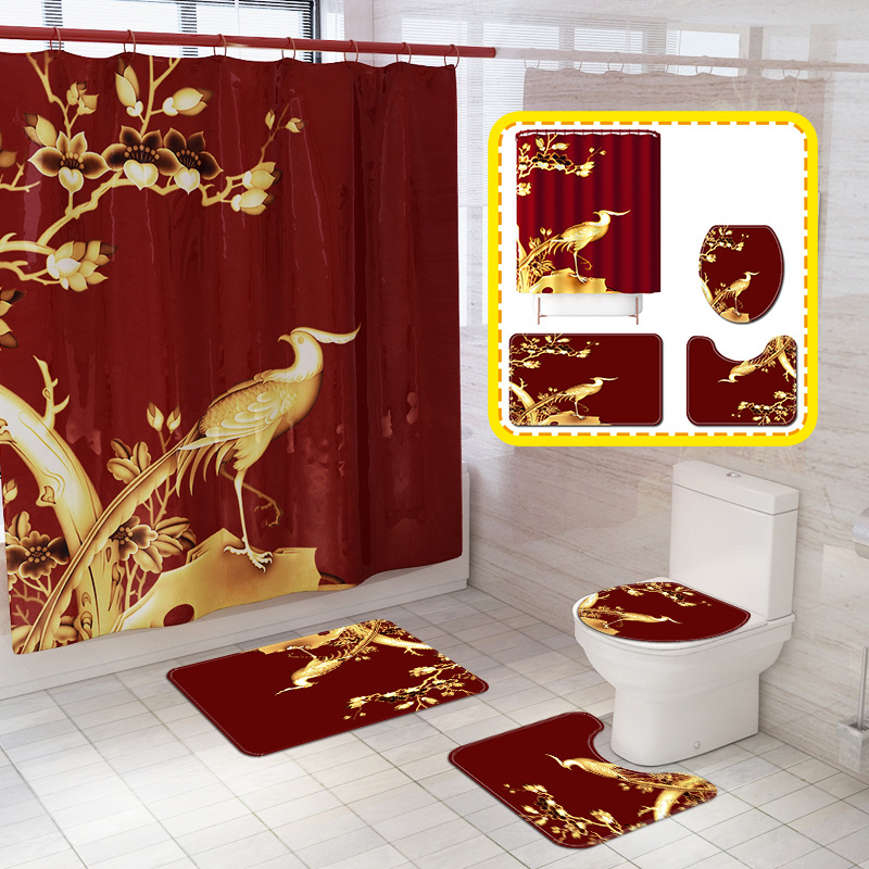 AliExpress New Chinese Style Bird Printed Waterproof Shower Curtain Household Carpet Four-Piece Set National Style Flower and Bird Drawing DIY