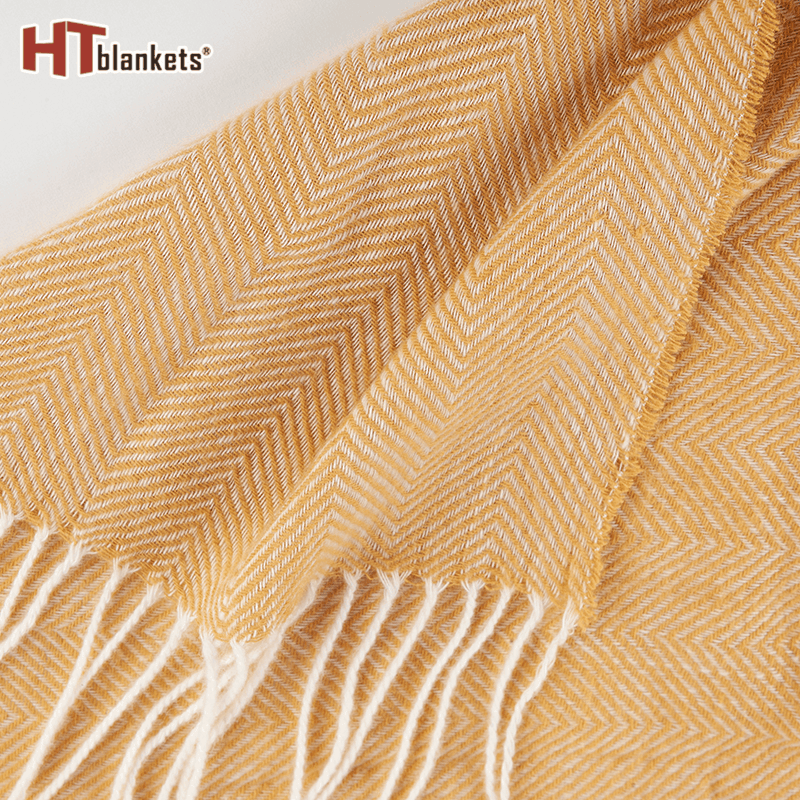 Light Yellow Herringbone Tassel Blanket Knitted Travel Wool Thin Blanket Decoration Sofa Blanket Spot