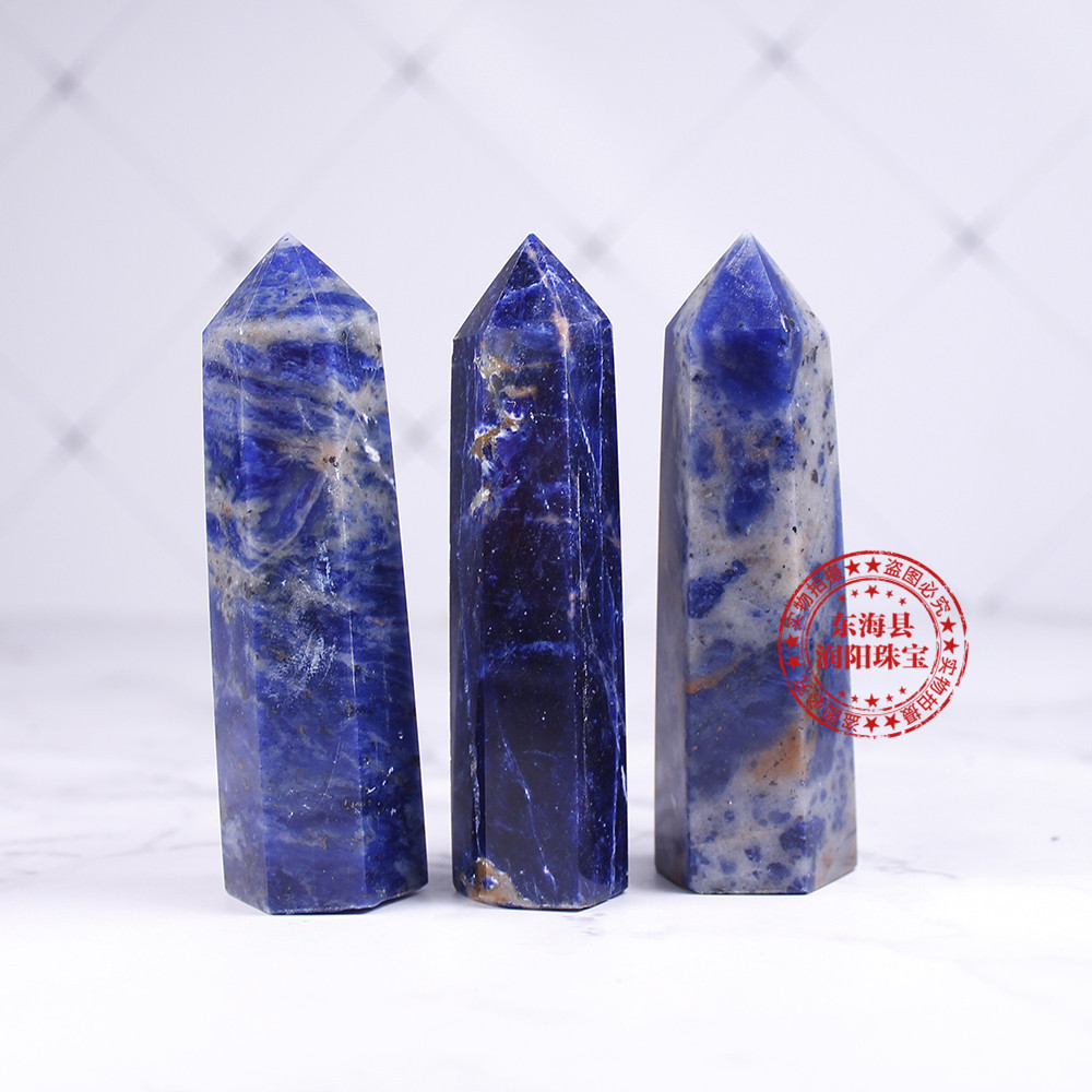 天然水晶原石打磨蓝纹石水晶六棱单尖柱方钠石能量宝石工艺品摆件
