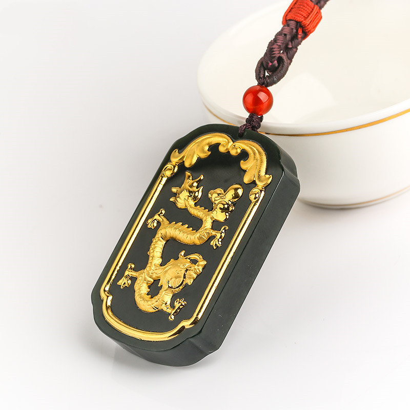 金镶玉足金999吊坠天然和田玉墨玉足金龙凤牌挂件坠女款玉石项链