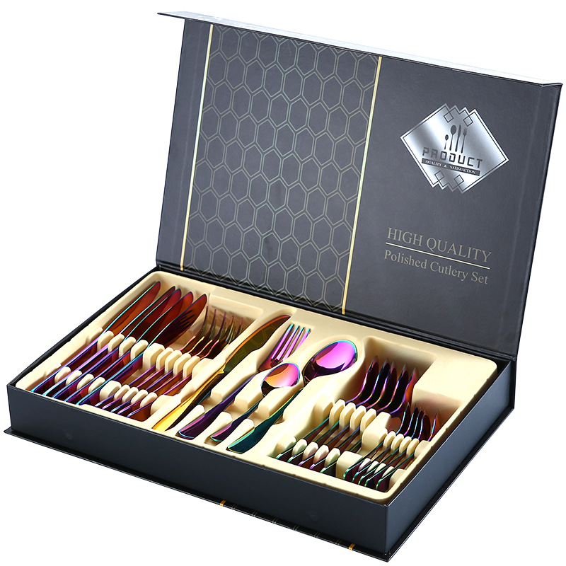 Amazon 24-Piece Tableware Suit Gold Wooden Box Stainless Steel Tableware Knife, Fork and Spoon Four Main Pieces Six-Person Gift Box Rack