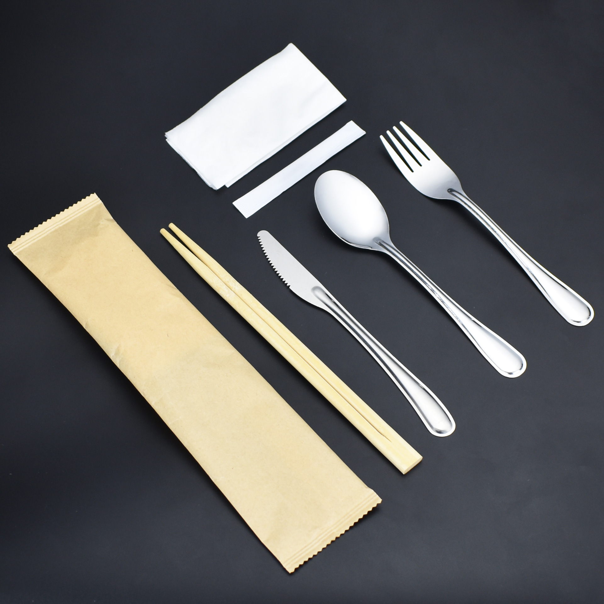 一次性外卖餐具四件套 食堂打包不锈钢筷子勺子纸巾降解套装定制