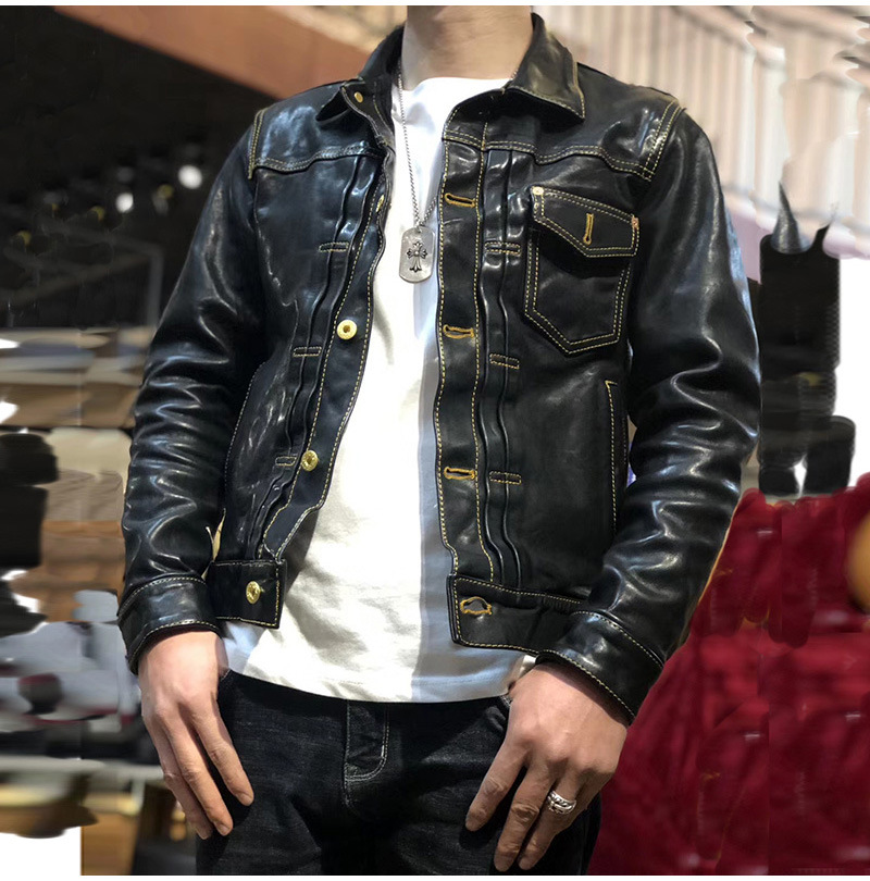 情侣款真皮皮衣男女翻领褶皱马皮美式摇滚机车皮夹克短款修身外套